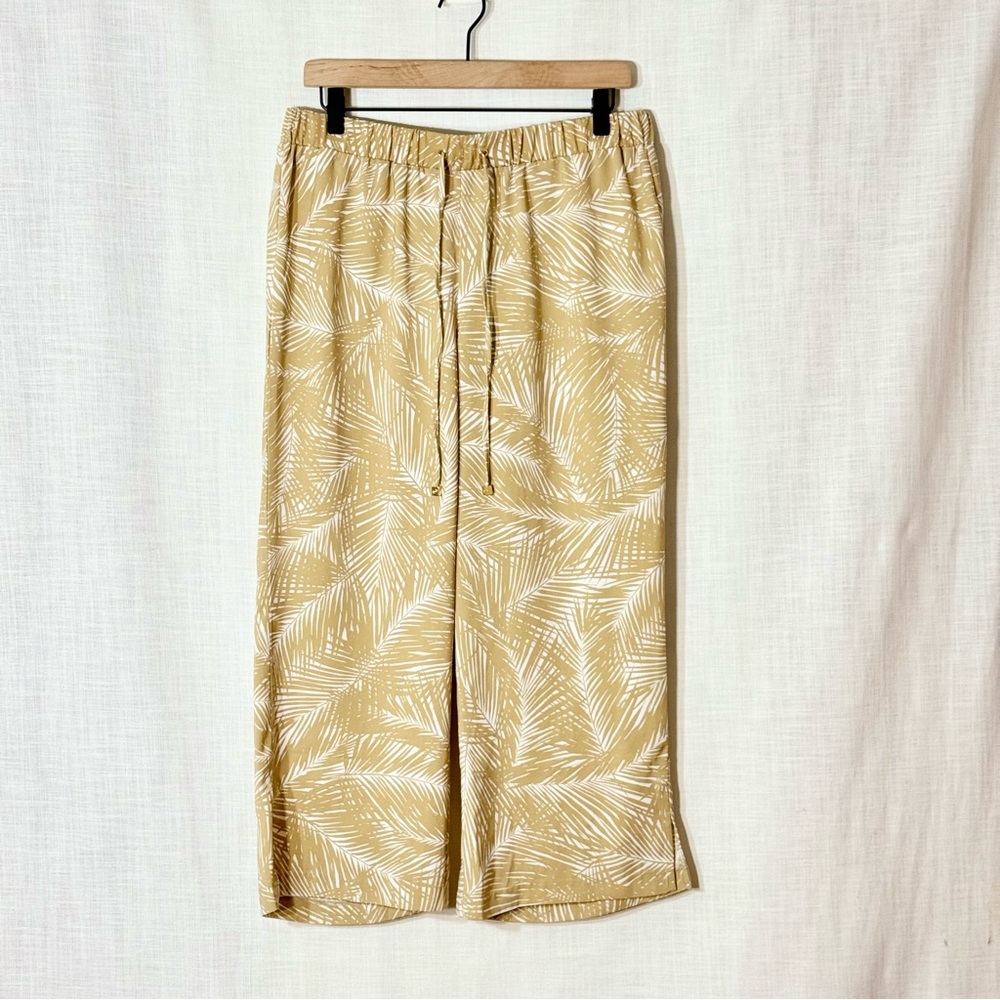 Michael Kors Palm Leaf Tropical Capri Pants Wide Leg Resort Drawstring Tan M‎
